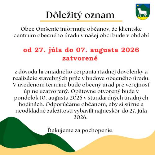 Obecný úrad v Omšení bude zatvorený!