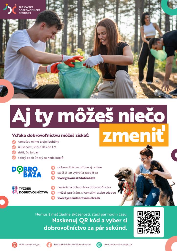 V prešovskom kraji sa koná Týždeň dobrovoľníctva, kde si môžeš vyskúšať rôzne formy dobrovoľnej činnosti. Zapojiť sa môžeš sám, s priateľmi alebo triedou a získať cenné skúsenosti a kontakty.