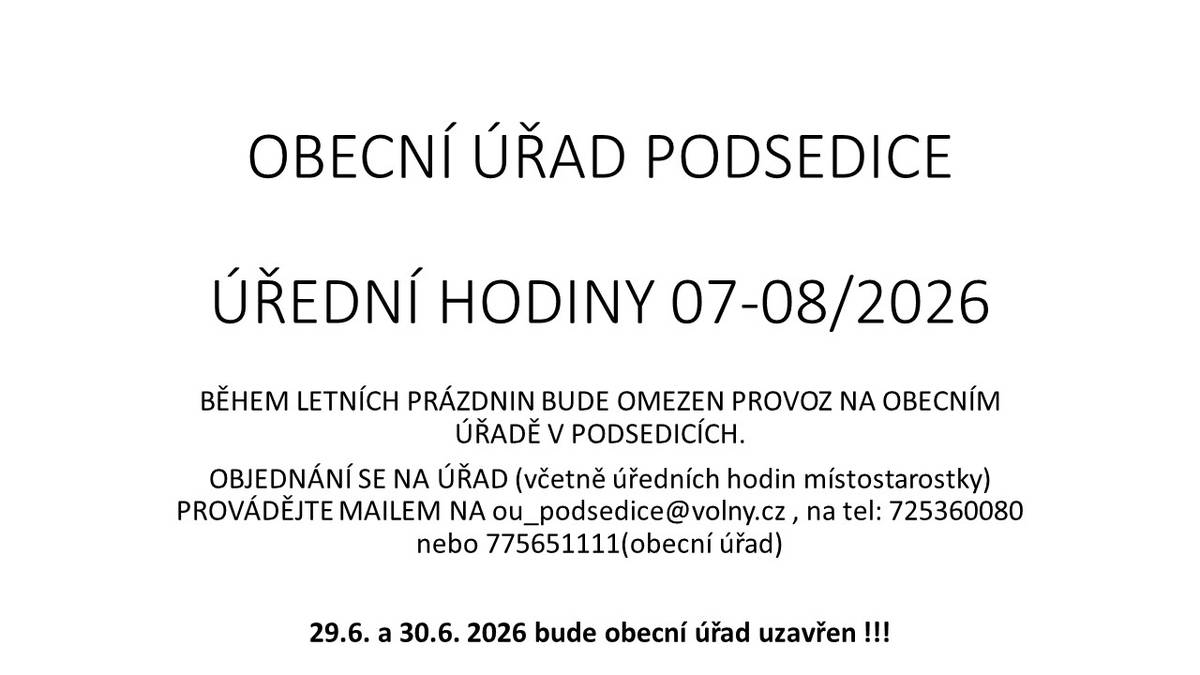 29.a 30.6.2026 bude OÚ uzavře