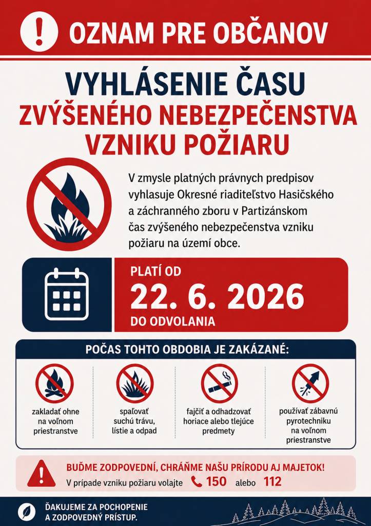 Okresné riaditeľstvo Hasičského a záchranného zboru v Partizánskom vyhlásilo čas zvýšeného nebezpečenstva vzniku požiaru na celom území okresu Partizánske až do odvolania