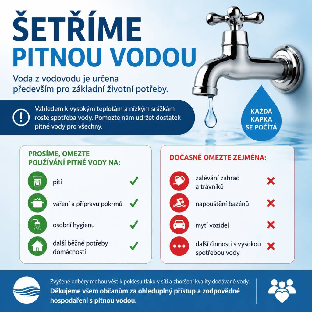 Voda z vodovodu je určena především pro základní životní potřeby. Vzhledem k vysokým teplotám a nízkým srážkám dochází k rostoucí spotřebě vody, což může ohrozit její dostupnost pro všechny. Prosíme vás, abyste omezili používání pitné vody na nezbytné účely, jako je pití, vaření a příprava pokrmů.