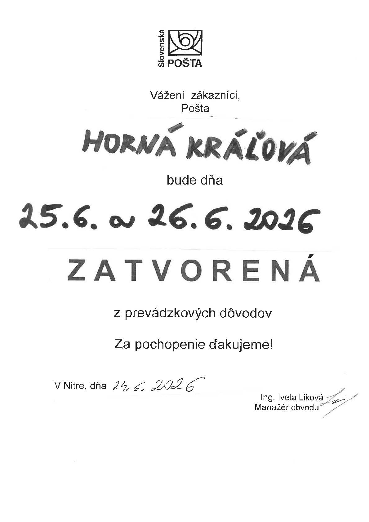Pošta Horná Kráľová bude zatvorená 25.6. a 26.6.2026