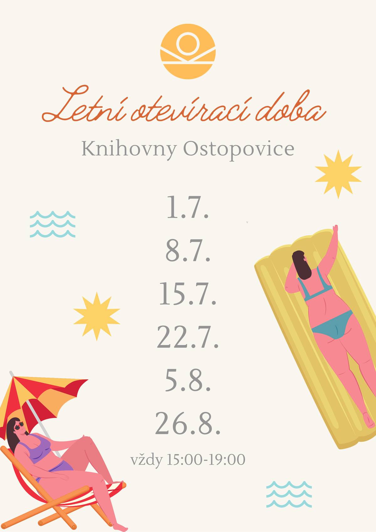 Upozorňujeme na omezenou otevírací dobu knihovny o letních prázdninách. 29.7., 12.8. a 19.8. bude zavřeno.  V otevírací době knihovny zveme také k posezení v zahradě a osvěžení v naší kavárně. Těšíme se na viděnou a přejeme pohodové léto!