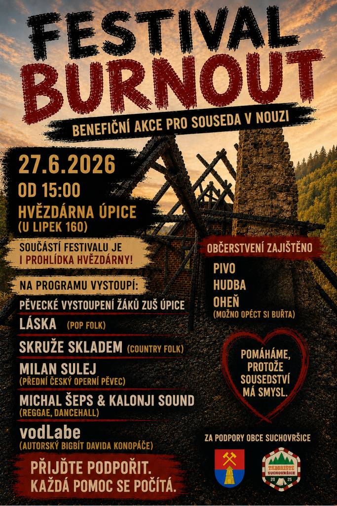 Hvězdárna Úpice, sobota 27.6. od 15 hodin vystoupí ZUŠ Úpice, Skruže skladem, Milan Sulej, Michal Šeps, Láska, vodLabe. Přijďte podpořit souseda v nouzi - každá pomoc se počítá. Pořádají obec Suchovršice a Michal Šeps.   Plakát přiložen.