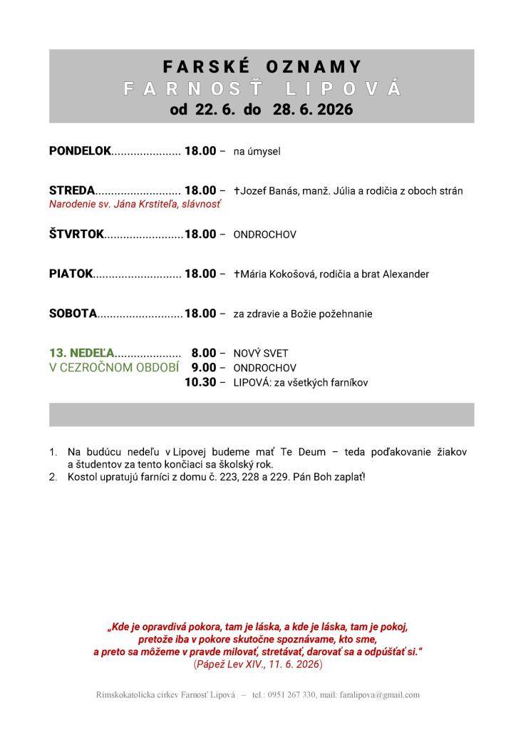 Poriadok bohoslužieb od 22.06. do 28.06.2026