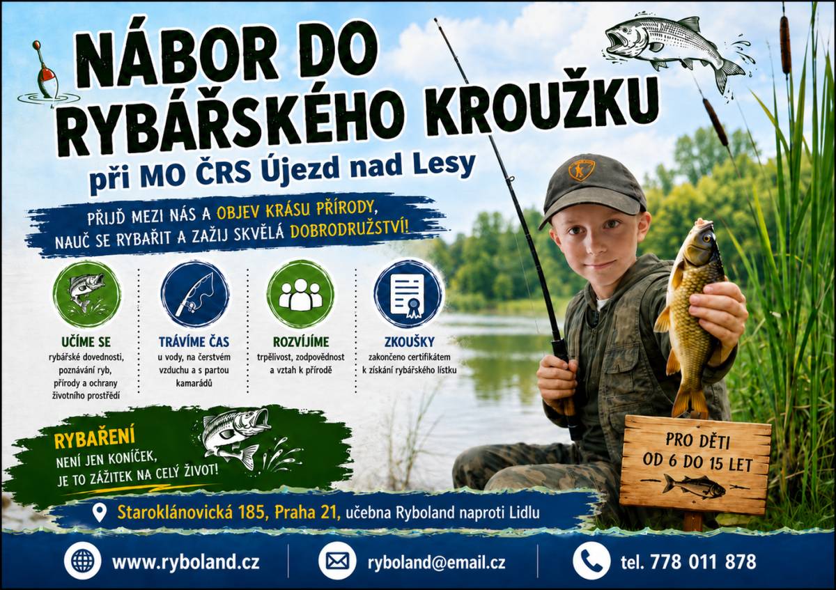 MO ČRS Újezd nad Lesy pořádá nábor do rybářského kroužku, který je určen pro všechny, kdo mají zájem o rybaření. Můžete se těšit na rozvoj rybářských dovedností a získání certifikátu, který vám umožní získat rybářský lístek.