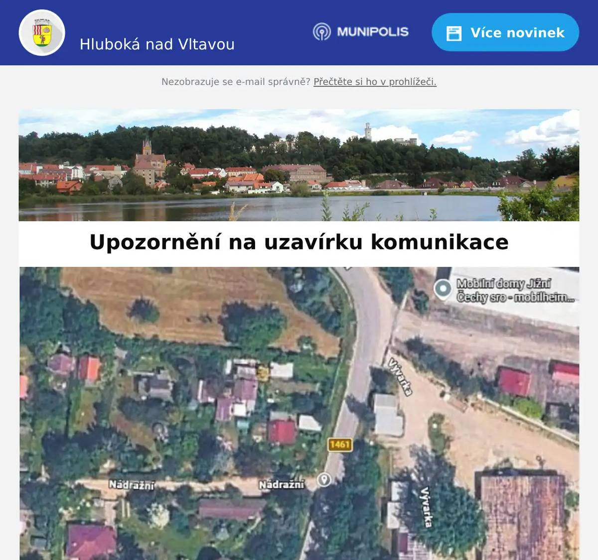 Milí spoluobčané, upozorňujeme, že od úterý 30. 6. 2026 bude od 8.00 hod. prováděna oprava nájezdu k obytným domům v lokalitě U Vývarky v Zámostí. Upozorňujeme občany, aby včas přeparkovali svá vozidla. Uzavírka potrvá do čtvrtka 2. 7. 2026 včetně.