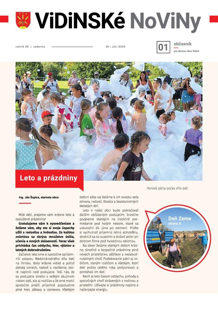 Leto a prázdniny, Slávnostné otvorenie detského ihriska, Ako vznikajú projekty, ktoré menia našu obec, Deň Zeme, Fotoobjektívom za Materskej školy, Joga vo Vidinej spája ľudí aj dobrú vec, Uvítanie detí do života obce, Mikroregión Novohradské podzámčie pokračuje v rozvoji služieb