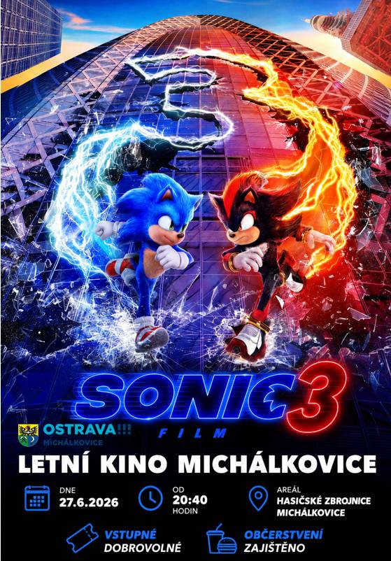 🌟 Srdečně zveme všechny občany na promítání filmu Sonic 3 pod širým nebem! 📅 27. 6. 2026 🕗 Začátek ve 20:40 hodin 📍 Areál hasičské zbrojnice Michálkovice 🎟️ Vstupné dobrovolné 🌭🥤 Občerstvení zajištěno Přijďte si užít příjemný letní večer plný zábavy, filmu a dobré atmosféry. Těšíme se na vás! 😊🎥✨