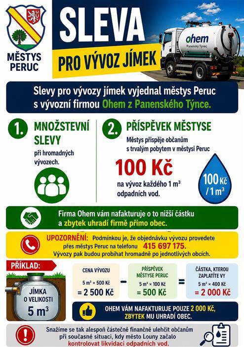 Městys Peruc oznamuje občanům, že ve dnech 7. až 10. července proběhne hromadný vývoz jímek ve spolupráci s firmou Ohem z Panenského Týnce, v obci Pátek, Stradonice a Radonice.  Pro ostatní obce budou další termíny vývozů zveřejněny dle kapacity firmy Ohem.  Občané s trvalým pobytem v městysi Peruc mohou využít příspěvek obce ve výši 100 Kč na každý vyvezený metr krychlový odpadních vod.   Vývoz bude organizován hromadně po jednotlivých obcích. Zájemci o vývoz se mohou objednat prostřednictvím městyse Peruc na telefonním čísle 415 697 175.  Děkujeme. Úřad městyse Peruc
