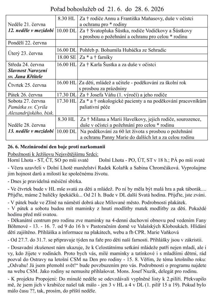 Program bohoslužeb a slavností do 28. června.