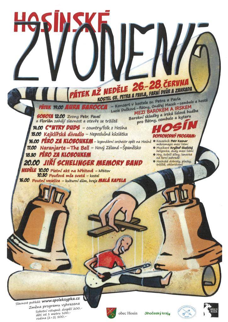Pátek 26.6.2026 - koncert v kostele sv. Petra a Pavla  Sobota 27.6.2026 - kulturní akce na farním dvoře a zahradě  Neděle 28.6.2026 - Hosínská pouť