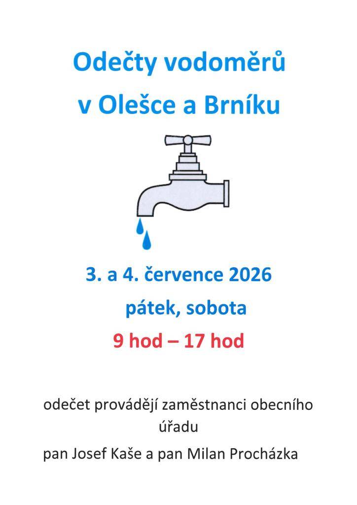 V pátek 3. července a v sobotu 4. července 2026 od 9:00 - 17:00 hodin budou v našich obcích probíhat pravidelné odečty vodoměrů.