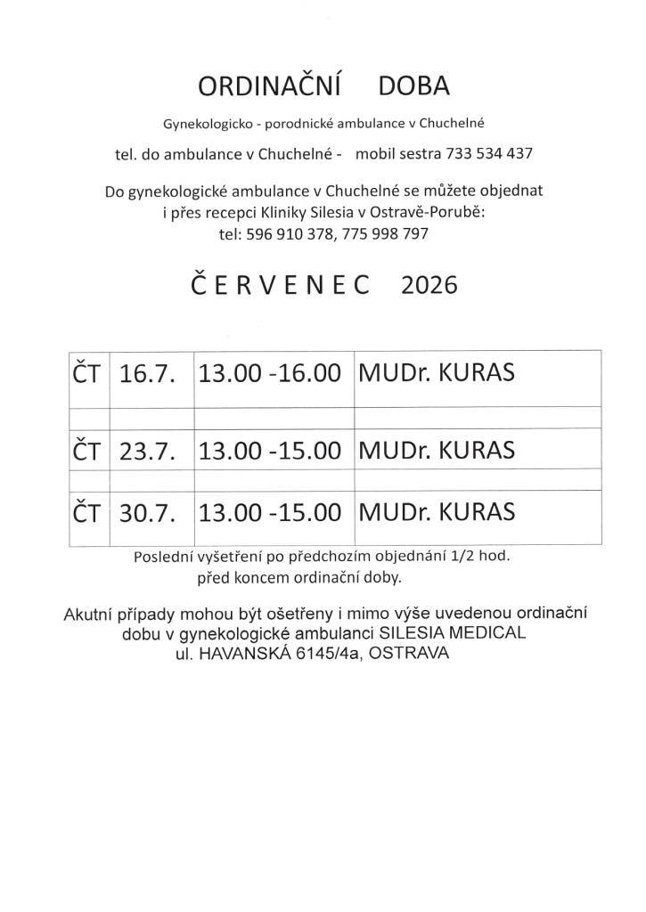 Ordinační doba - červenec 2026 - Gynekologicko - porodnické ambulance v Chuchelné