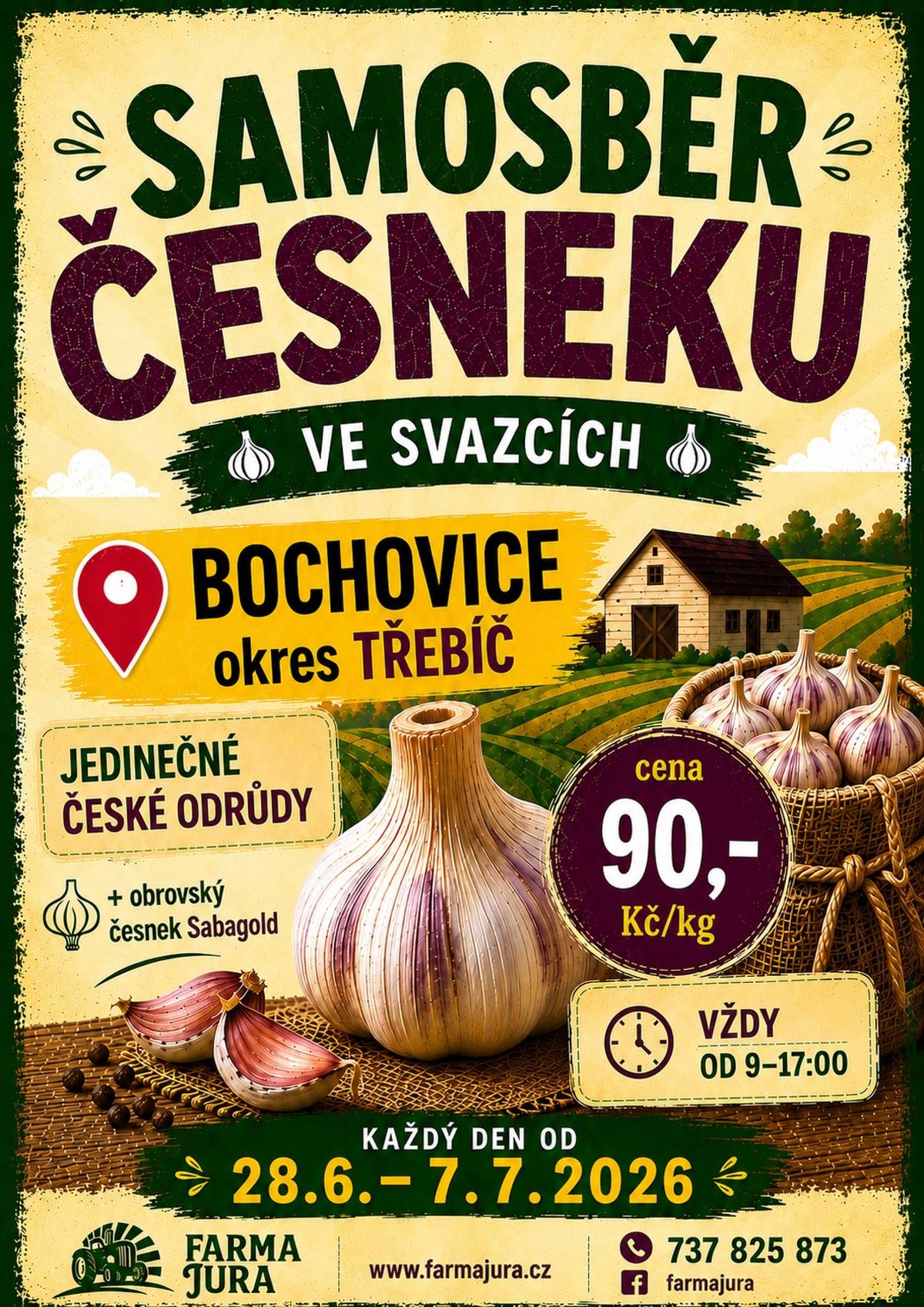 Farma Jura zve všechny příznivce česneku na tradiční Samosběr česneku ve svazcích v Bochovicích na Třebíčsku. Cena česneku s natí je 90,-/kg. Akce se koná od 28.6. do 7.7.2026 od 9:00-17:00 více na www.farmajura.cz