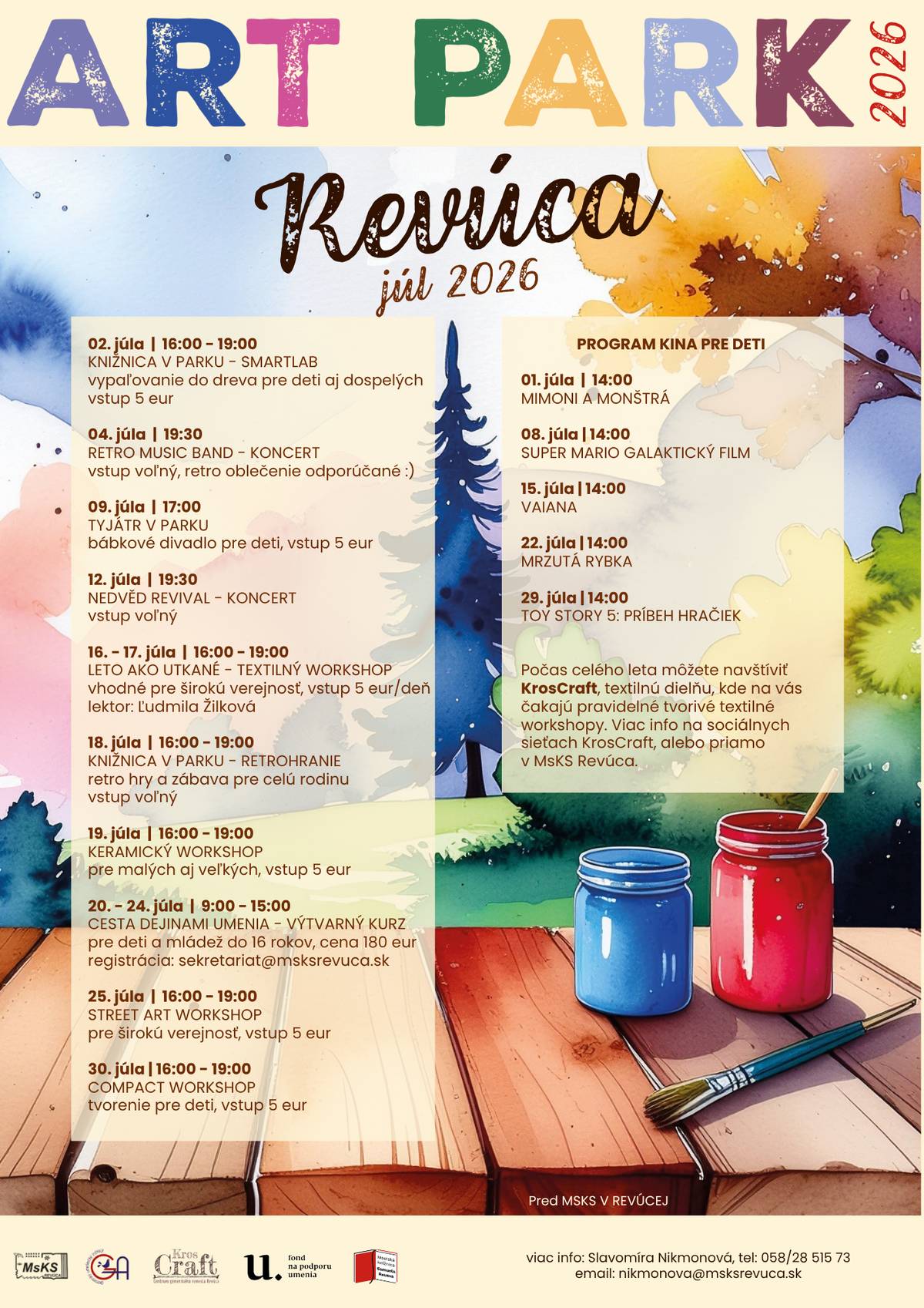 Mestské kultúrne stredisko v Revúcej pre vás pripravilo bohatý program pre deti aj dospelých – koncerty, workshopy, divadlo, retro hry, keramiku, výtvarný kurz aj letné kino. Už od 2. júla sa môžete tešiť na:  vypaľovanie do dreva v SmartLabe koncerty Retro Music Band a Nedvěd Revival bábkové divadlo pre deti textilný workshop „Leto ako utkané“ retrohranie pre celú rodinu keramický workshop výtvarný kurz „Cesta dejinami umenia“ Street Art a Compact workshopy  Pre na najmenších – každú stredu o 14:00 premietajú obľúbené rozprávky a rodinné filmy v rámci letného kina pre deti. Tešíme sa na spoločné leto plné farieb, tvorby a zážitkov pred kultúrnym domom. Viac informácií nájdete na plagáte alebo u organizátorov.