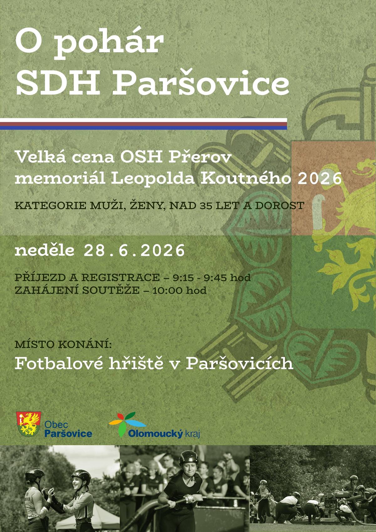 Pozvánka na Hasičskou soutěž v požárním útoku v kategoriích: muži, ženy, 35+ a dorostů, která se uskuteční v neděli 28.6.2026 od 10:00 hod. na fotbalovém hřišti v Paršovicích.