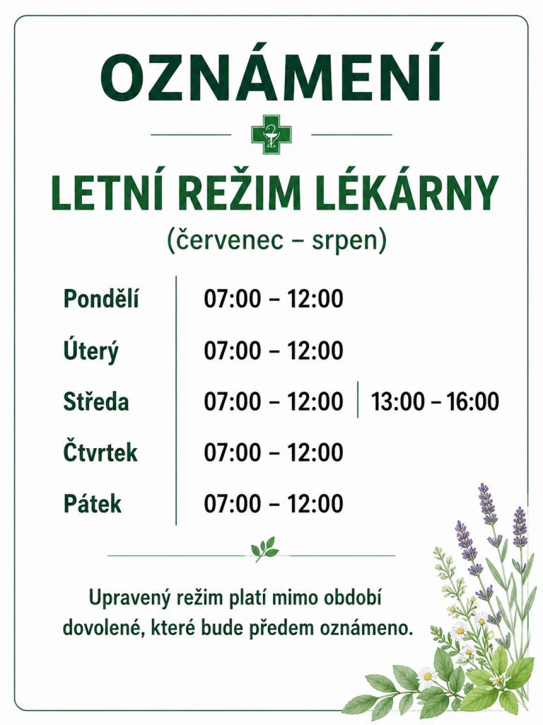Oznamujeme občanům upravený režim Lékárny v Prosiměřicích pro období červenec - srpen.