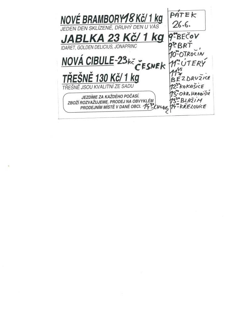 prodej brambor, jablek, cibule  26.06.2026 v 11:00 u radnice