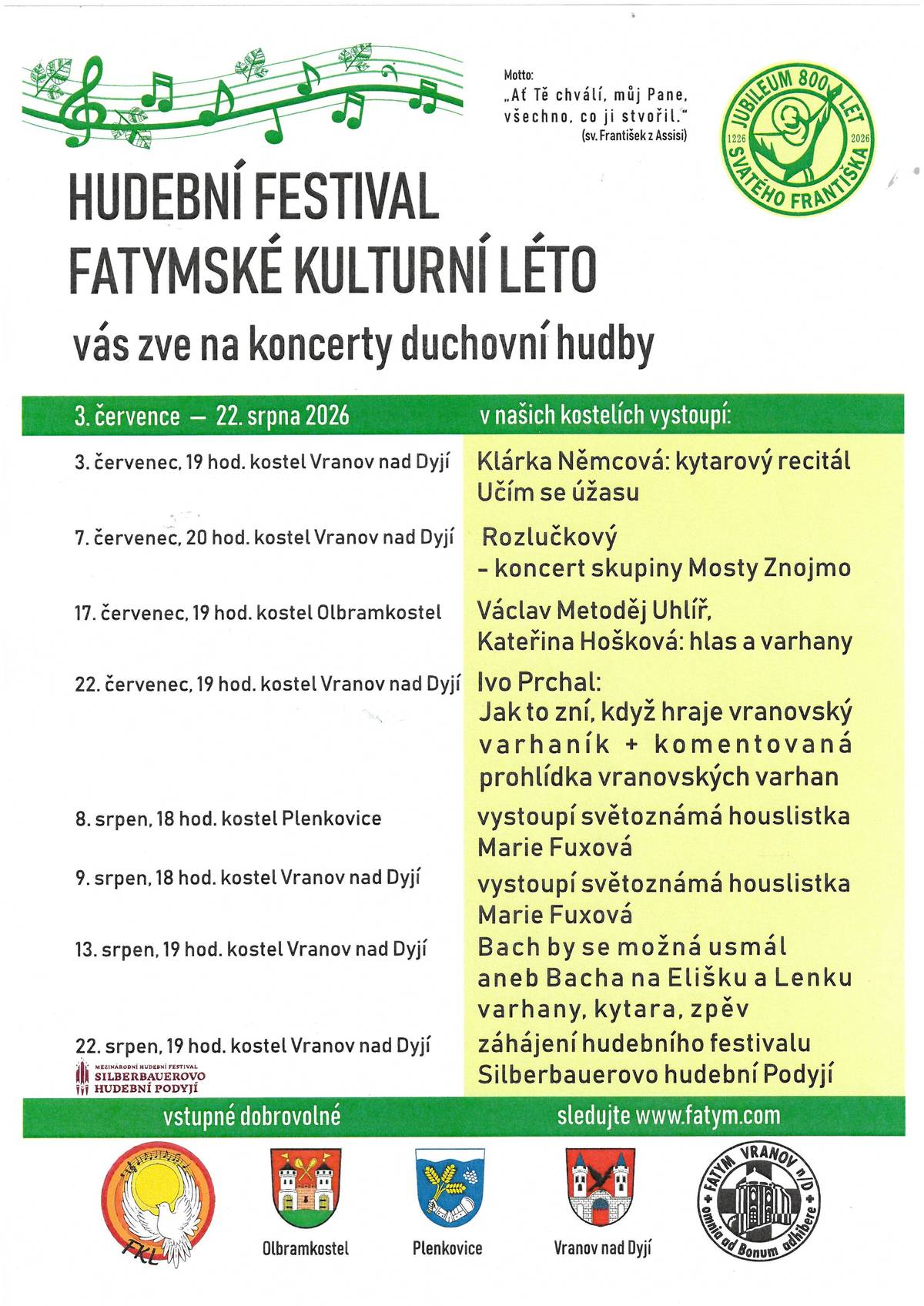 Hudební festiva Fatymské kulturní léto vás zve na koncerty duchovní hudby.