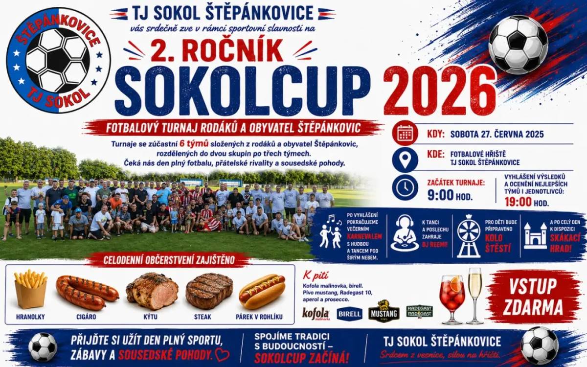 V sobotu 27. 6.2026 jste všichni zváni na sportovní slavnost, která bude formou turnaje SOKOL CUPU, již druhého ročníku, probíhat v areálu TJ Sokol Štěpánkovice. Více na plakátě.