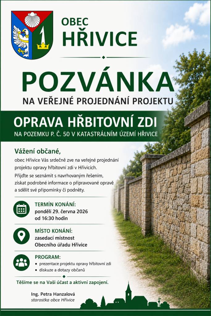 Obec Hřivice Vás srdečně zve na veřejné projednání projektu opravy hřbitovní zdi v Hřivicích.