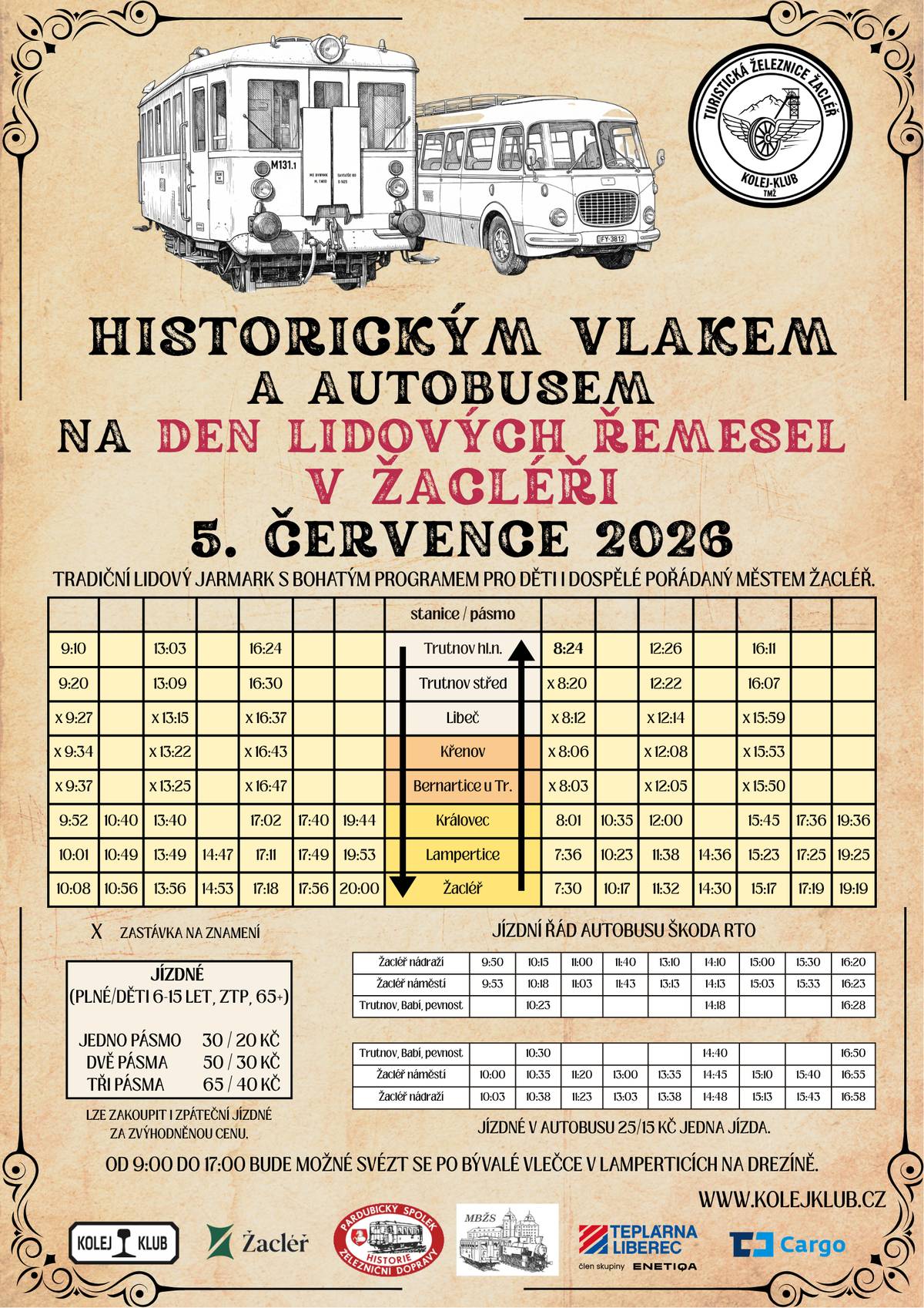 Na Den lidových řemesel, v neděli 5. července, se budete moci svézt do Žacléře historickým vlakem a z nádraží se projet autobusem RTO na náměstí, několik spojů pokračuje z náměstí dále k pevnosti Stachelberg. V Lamperticích budou v provozu drezíny.