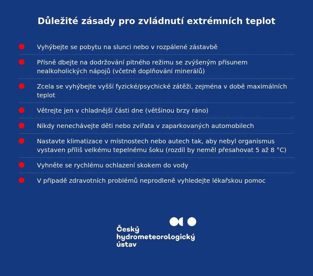 Důležité upozornění: Teploty budou během víkendu atakovat 40°C! Dbejte proto, prosím, zvýšené opatrnosti a dodržujte, prosím, níže uvedené zásady a doporučení, které zveřejnil Český hydrometeorologický ústav.