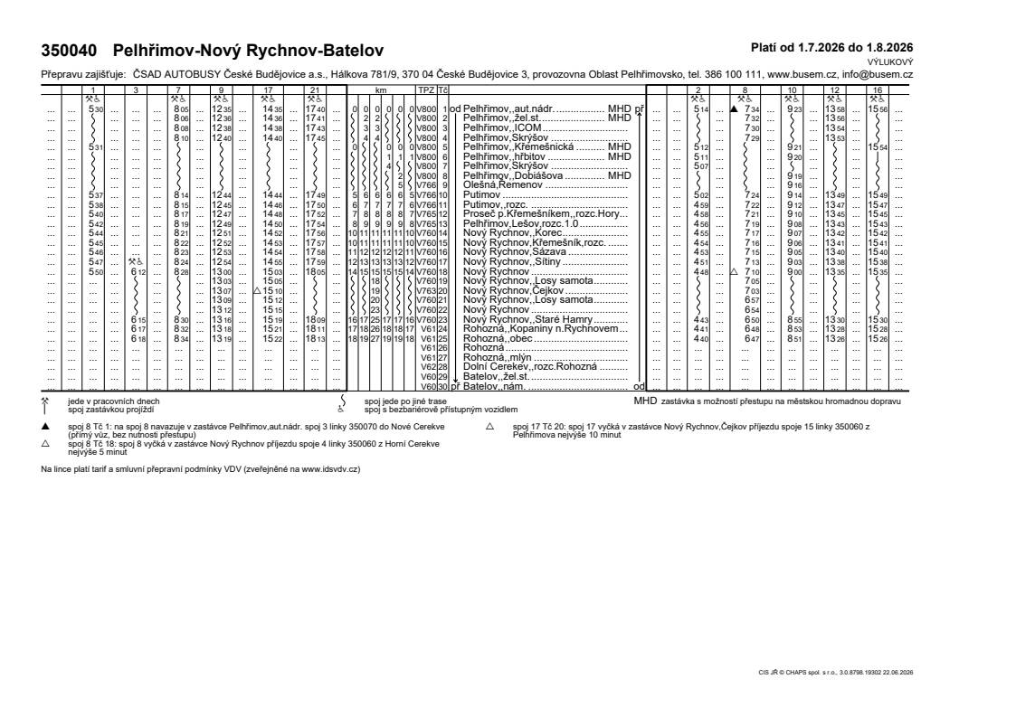 Jízdní řád platný od 1.7.2026 do 1.8.2026  Pelhřimov-Putimov-Vyskytná-Nový Rychnov-Horní Cerekev  a  Pelhřimov-Nový Rychnov-Batelov