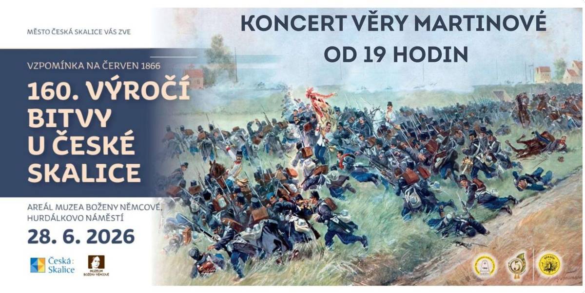 Po celou dobu programu budou v areálu na louce pod Muzeem Boženy Němcové k dispozici mlžítka a zdroje pitné a užitkové vody zdarma, aby měli návštěvníci možnost průběžného osvěžení. Po celou dobu konání akce bude přítomen také zdravotník, připravený poskytnout potřebnou pomoc.Současně pracujeme na tom, abychom podle možností rozšířili zastíněné plochy pro návštěvníky. Prostranství na Hurdálkově náměstí, kde se uskuteční bitevní ukázka inspirovaná událostmi roku 1866, bude bezprostředně před jejím začátkem zavlaženo kropicím vozem, čímž dojde ke snížení prašnosti i tepelného sálání od povrchu. Samotná bitevní ukázka byla navíc časově zkrácena na nezbytné minimum, aby byla zajištěna bezpečnost účinkujících i diváků.Po konzultaci s organizátory a s ohledem na očekávané klimatické podmínky jsme se rovněž rozhodli zrušit slavnostní průvod na městský hřbitov, během něhož mělo proběhnout odhalení pamětní desky. Tento pietní akt považujeme za důležitou součást připomínky událostí roku 1866, a proto se uskuteční v náhradním podzimním termínu, o kterém budeme veřejnost včas informovat. Z preventivních důvodů jsme zrušili také komentovanou vycházku Po stopách války 1866 v Malé Skalici, plánovanou od 17.00 hodin.Věříme, že tato opatření přispějí k bezpečnému průběhu celé akce. Všechna tato opatření jsme přijali s cílem, aby se akce mohla uskutečnit i přes nepříznivou předpověď počasí. Naším přáním není program rušit, ale současně udělat maximum pro to, abychom minimalizovali možná zdravotní rizika spojená s extrémními teplotami a zajistili bezpečný průběh celé akce pro návštěvníky, účinkující i organizátory.Přesto doporučujeme všem návštěvníkům, aby nepodcenili očekávané počasí, vybavili se pokrývkou hlavy, používali ochranu proti slunci a pravidelně doplňovali tekutiny.Děkujeme za pochopení a těšíme se na společné setkání při připomínce významné události našich dějin.28. června 2026 | 10–21.30 hodinVZPOMÍNKA NA ČERVEN 1866: 160. VÝROČÍ BITVY U ČESKÉ SKALICEMěsto Česká Skalice zve na celodenní akci věnovanou událostem prusko-rakouské války roku 1866, která se koná přesně na den 160. výročí bitvy u České Skalice. Muzeum Boženy Němcové10–17 hodin Expozice Bitva u České Skalice 28. 6. 1866 Louka pod muzeem10 hodin Zahájení10.00–21.30 hodin PIVNÍ POHODA – prezentace lokálních východočeských pivovarů10.00–21.30 hodin Možnost prohlídky vojenského ležení z roku 1866 pro veřejnost13.00–13.30 hodin Koncert dechové hudby 6. praporu polních myslivců13.30–14.00 hodin Tematická přednáška: Válka 186614.00–15.00 hodin Prezentace spolků vojenské historie: Pořadové cvičení, výstroj a výzbroj16.00–16.30 hodin Koncert dechové hudby 6. praporu polních myslivců17.00–18.00 hodin Koncert kapely Folk Stones19.00–20.00 hodin Koncert VĚRY MARTINOVÉ20.30–21.30 hodin Koncert Unikátní Popcorn21.30 hodin Nasvícení maloskalické tvrze „Ve svitu loučí“ Hurdálkovo náměstí15.30–16 hodinBitevní ukázka inspirovaná skutečnými událostmi bude zkrácena na nutné minimumMěsto Česká Skalice