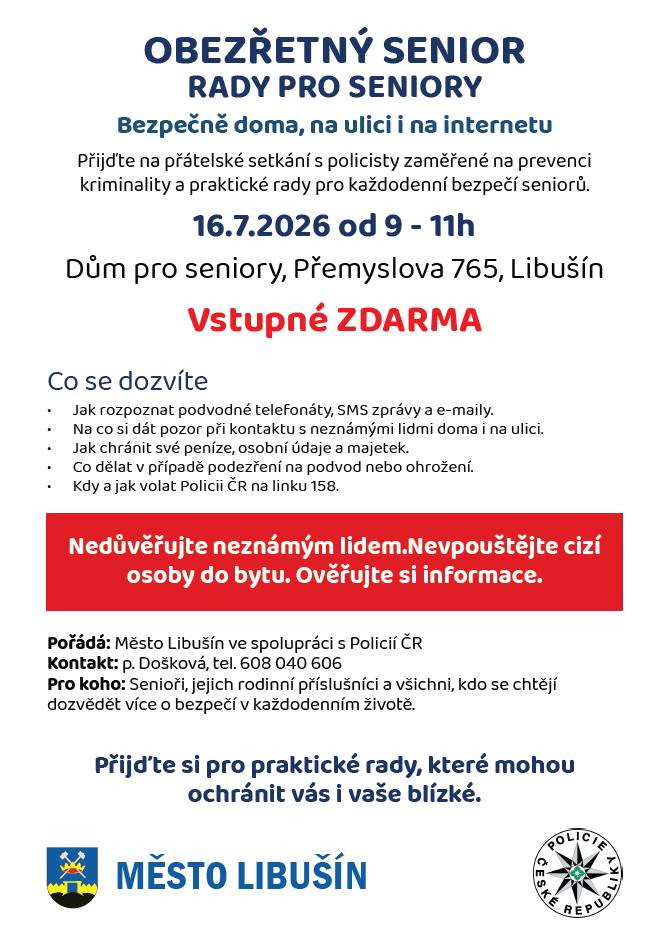 Přijďte na setkání s policisty dne 16. července 2026 od 9 do 11 hodin v Domě pro seniory v Libušíně. Tato akce je zaměřena na praktické rady pro každodenní bezpečí seniorů.