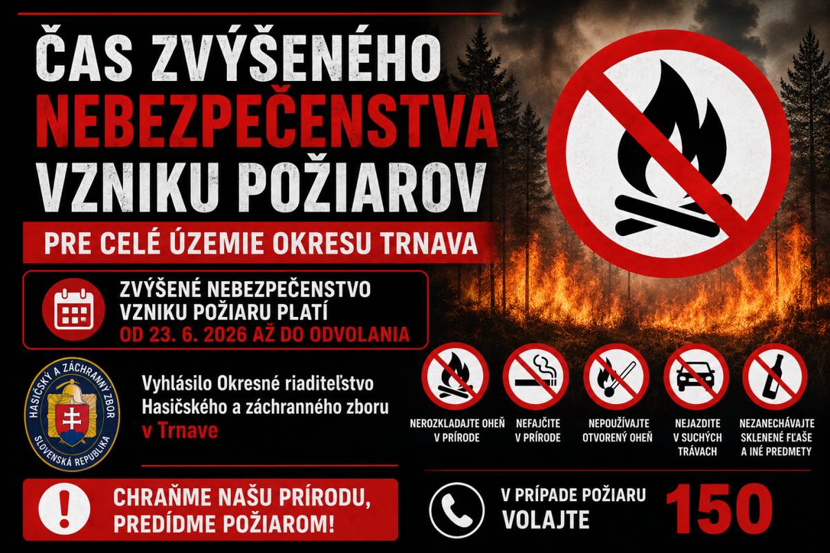 Okresné riaditeľstvo HAZZ v Trnave vyhlasuje čas zvýšeného nebezpečenstva vzniku požiaru pre celé územie okresu Trnava od 23.6. 2026 až do odvolania.