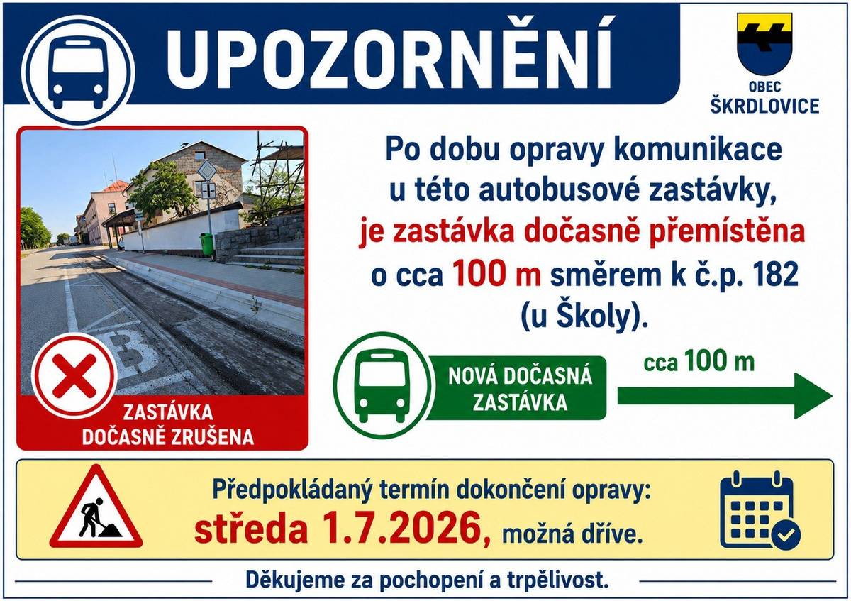 📢 Vážení občané, z důvodu probíhající opravy komunikace je autobusová zastávka ze směru ze Žďáru nad Sázavou na Karlov dočasně přemístěna přibližně 100 metrů směrem k č.p. 182 (u školy). ➡️ Prosíme cestující, aby po dobu opravy využívali tuto náhradní zastávku. 🚧 Předpokládaný termín dokončení opravy je středa 1. července 2026, práce však mohou být dokončeny i dříve. Děkujeme za pochopení a trpělivost.