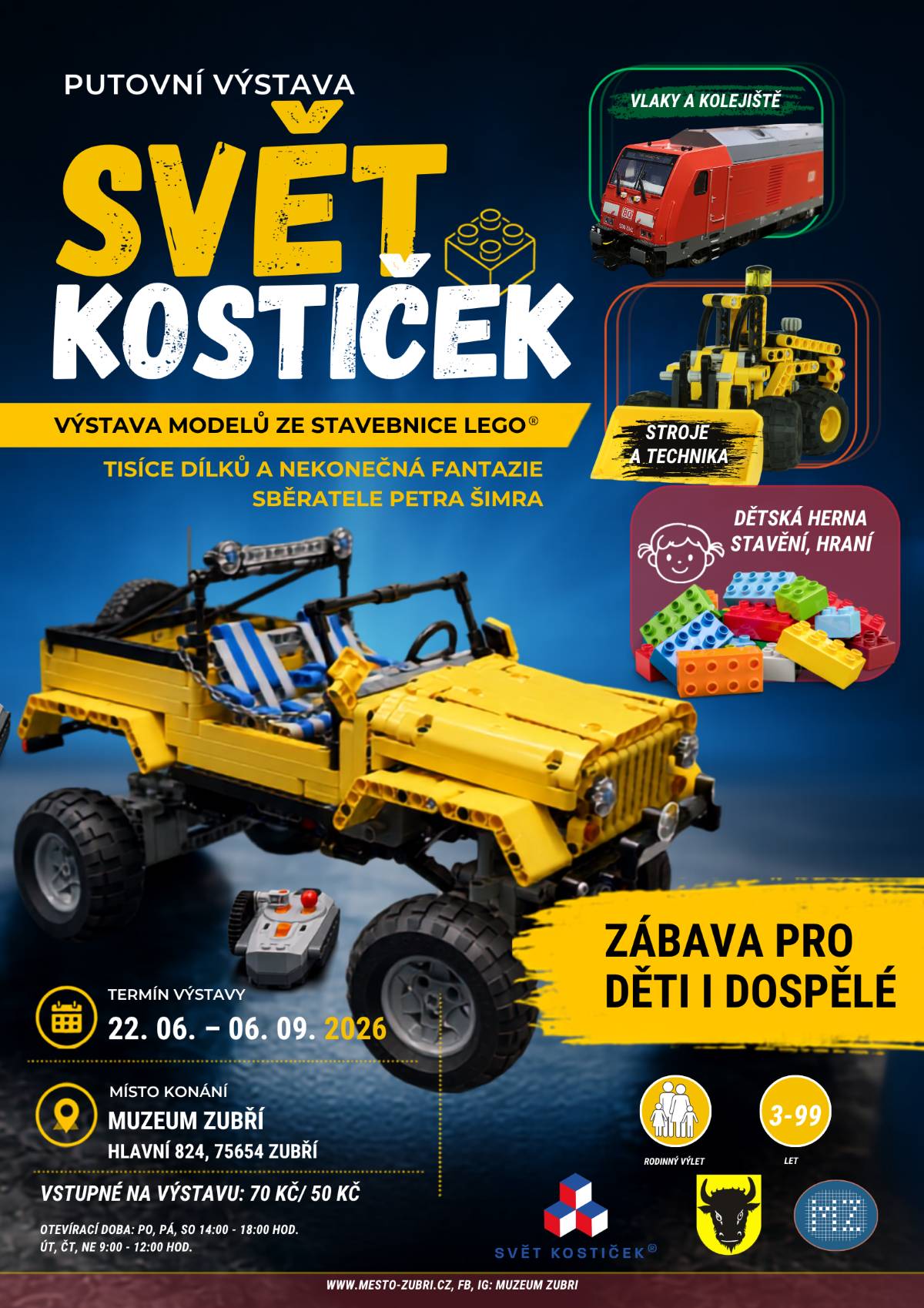 Dnes začaly prázdniny a s nimi i Léto s Muzeem Zubří! Přijďte si zpříjemnit letní dny k nám. Po celé prázdniny u nás najdete výstavu Svět kostiček, kde můžete obdivovat desítky originálních modelů ze stavebnice LEGO® ze sbírky Ing. arch. Petra Šimra, Ph.D. Těšit se můžete na vlaky a kolejiště, stroje, techniku i další modely ze stavebnice LEGO®. Pro malé návštěvníky je připravena také dětská herna, kde si mohou sami stavět a popustit uzdu své fantazii. 📅 Výstava potrvá do 6. září 2026. Přijďte si užít léto plné kreativity, inspirace a zábavy. Těšíme se na malé i velké návštěvníky!