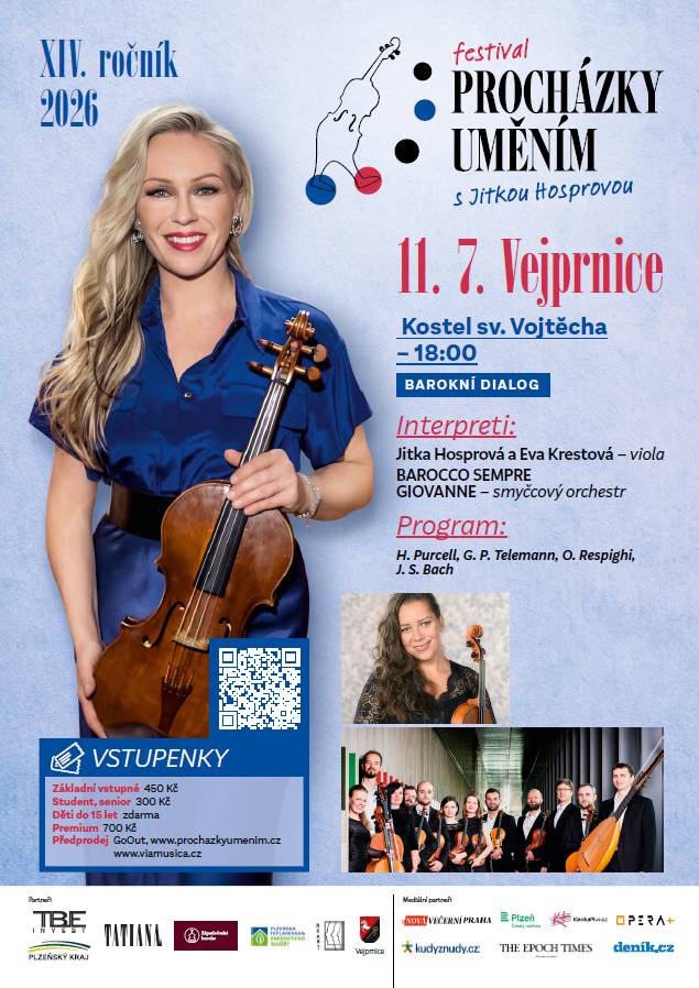 Festival Procházky uměním s Jitkou Hosprovou se uskuteční 11.7.2026 v kostele sv. Vojtěcha ve Vejprnicích. Veškeré informace naleznete v letáčku.