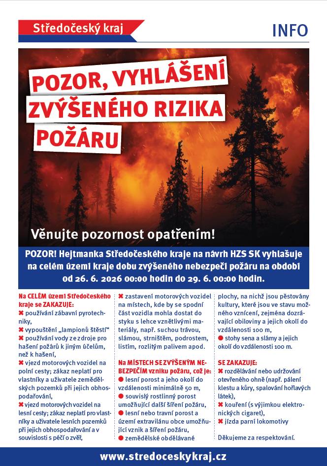 Středočeský kraj vyhlásil zvýšené rizik požáru