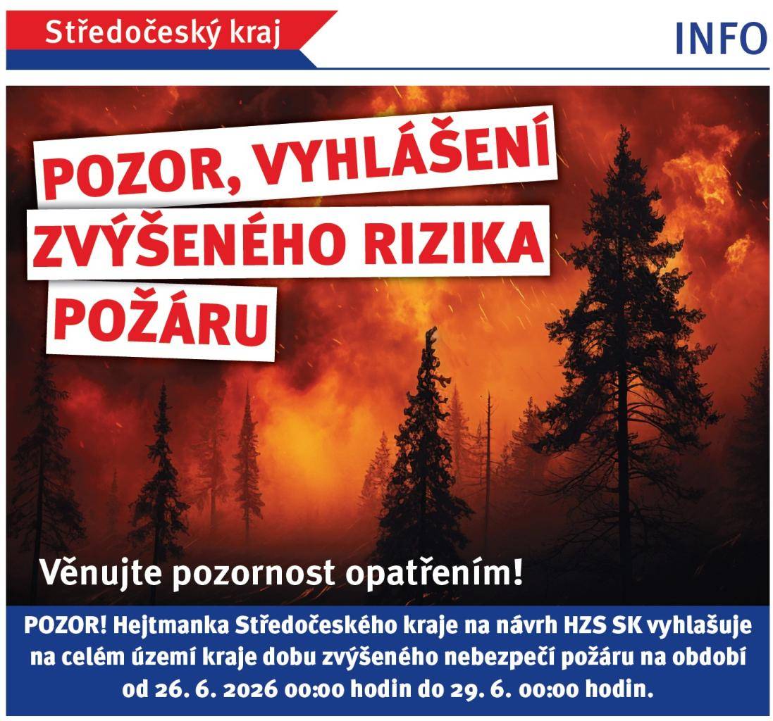 Hejtmanka Středočeského kraje na návrh HZS SK vyhlašuje na celém území kraje dobu zvýšeného nebezpečí požáru na období od 26.6.2026 00:00 hodin do 29.6. 00:00 hodi