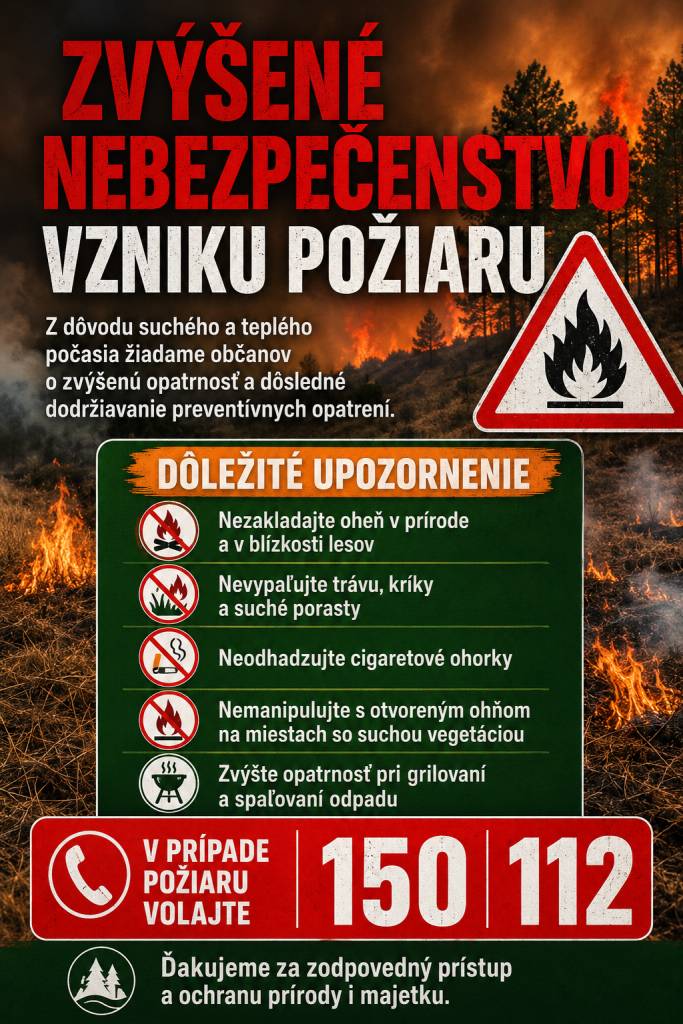 Okresné riaditeľstvo Hasičského a záchranného zboru v Žiari nad Hronom vyhlasuje čas zvýšeného nebezpečenstva vzniku požiaru pre celé územie okresov Žiar nad Hronom, Žarnovica, Banská Štiavnica od 24.06.2026 od 00,00 hod. do odvolania.