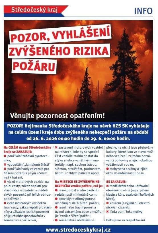 Hejtmanka Středočeského kraje na návrh HZS vyhlašuje na celém území Středočeského kraje dobu zvýšeného nebezpečí požáru od 26.-29. 6. 2026.