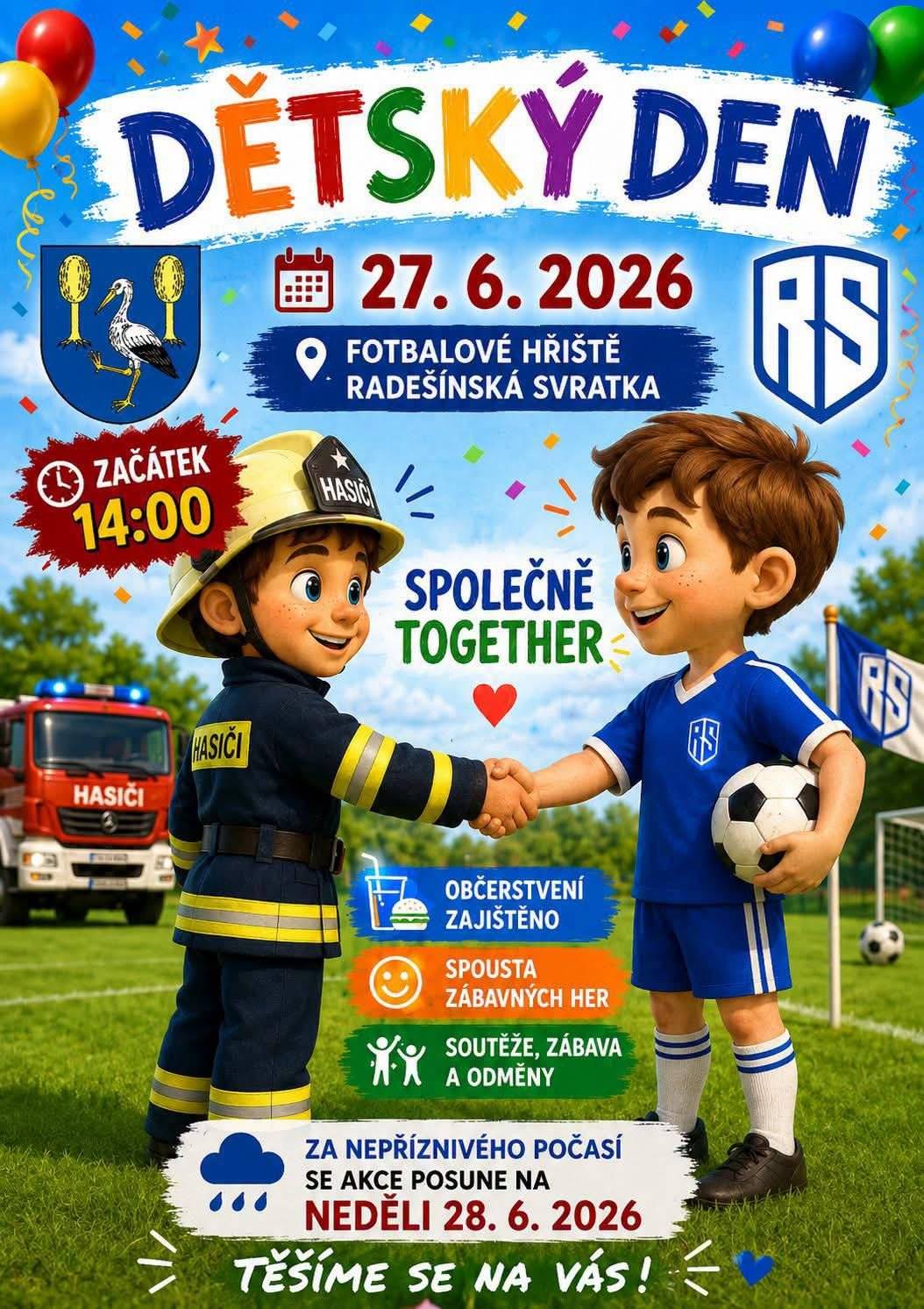 Zveme všechny děti i rodiče na Dětský den, který se uskuteční v sobotu 27. června 2026 na fotbalovém hřišti v Radešínské Svratce. Začátek akce je ve 14:00. Připraveny budou zábavné hry, soutěže a odměny. Občerstvení je zajištěno. Těšíme se na vás.