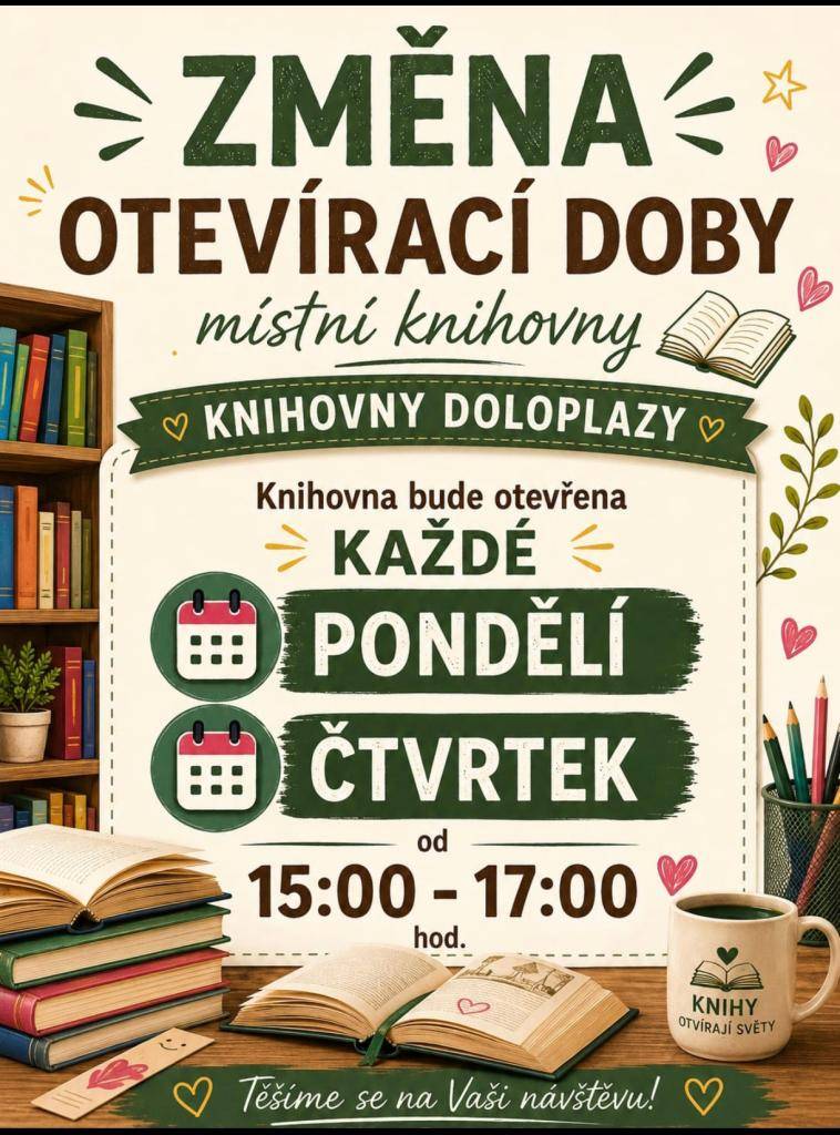 Knihovna bude nově otevřená v pondělí a ve čtvrtek od 15.00 do 17.00