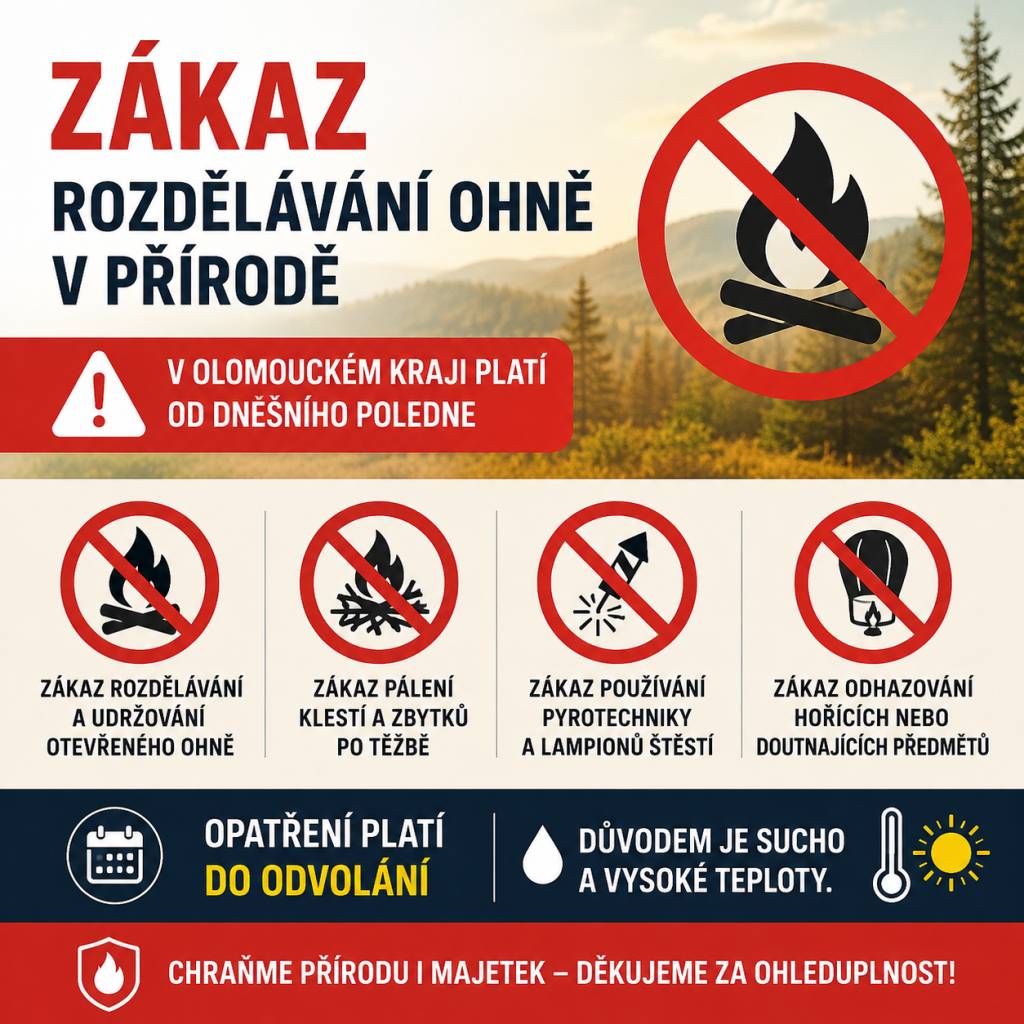 Od dnešního poledne platí na celém území Olomouckého kraje zákaz rozdělávání ohně v přírodě, pálení klestí a používání pyrotechniky. Opatření vyhlásil hejtman kvůli dlouhodobému suchu a vysokým teplotám. Zákaz platí do odvolání.