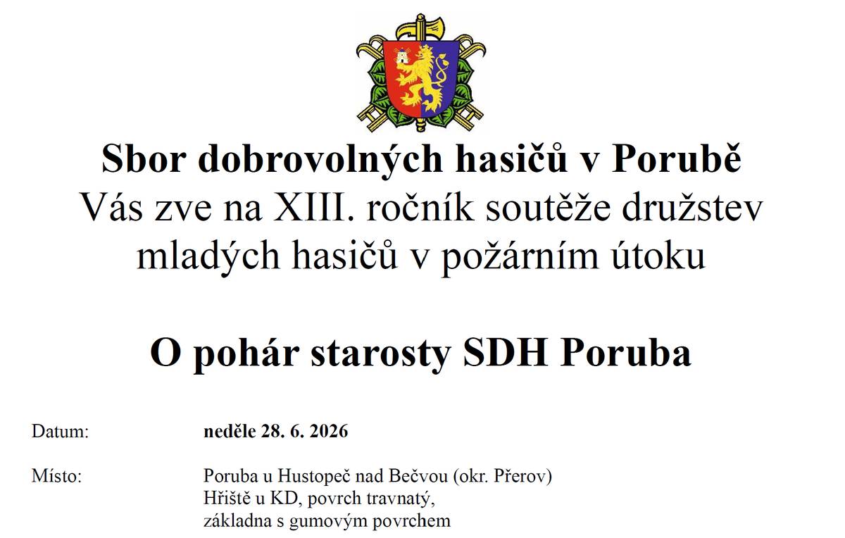 Už tento víkend čeká naše mladé hasiče závěrečný soutěžní maraton před letní přestávkou. V sobotu je čeká soutěž v požárním útoku a běhu na 60 m překážek v Hradčanech (od 9 hod.) a v neděli pohárový závod v Porubě (od 10 hod.).  Celou sezónu poctivě trénovali, sbírali zkušenosti i medaile a teď je čeká poslední možnost ukázat, co v nich je, než si užijí zasloužené prázdniny.   Přijďte jim fandit, povzbudit je a vytvořit skvělou atmosféru. Každý potlesk a povzbuzení z domova se počítá!   PS: kromě pozvánek připojujeme i rozpis závodů do konce sezóny.
