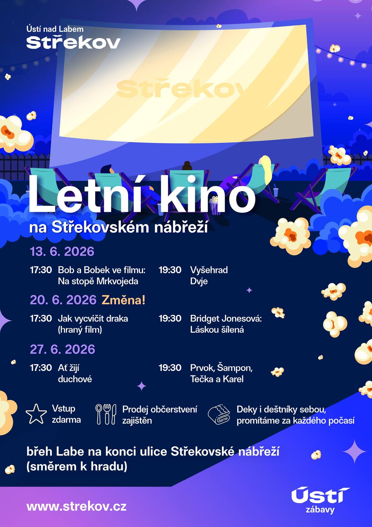 Až nebudete dnes vědět, co s načatým večerem, dorazte na letošní poslední promítání na Střekovském nábřeží. V rámci Letního kina jsme pro děti (ale určitě i dospělé) připravili od 17:30 film Ať žijí duchové a od 19:30 budeme pokračovat snímkem Prvok, Šampón, Tečka a Karel.  Vezměte si deky a dobrou náladu. Vstup je ZDARMA, občerstvení a nápoje zajištěné. Těšíme se na Vás za každého počasí...