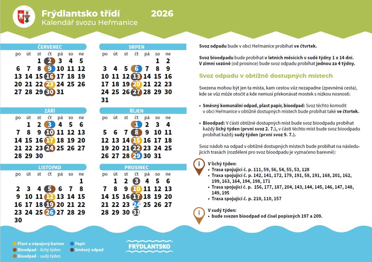 Upozorňujeme, že od 1. 7. 2026 bude směsný komunální odpad (černá popelnice 120 l) svážen každý LICHÝ čtvrtek. První svoz proběhne ve čtvrtek 2. 7. 2026.