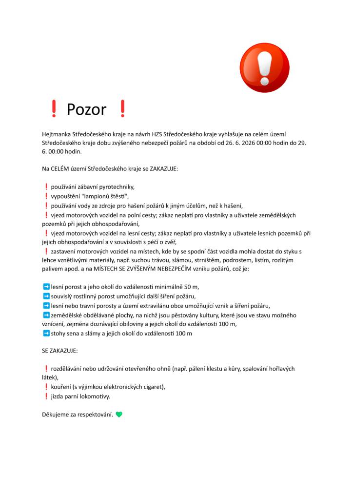 Zvýšené nebezpečí požárů ve Středočeském kraji!