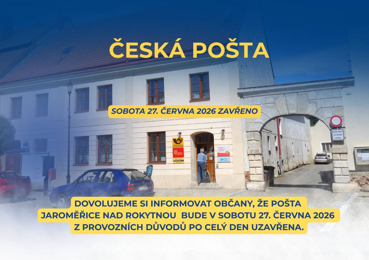 Dovolujeme si informovat občany, že pošta Jaroměřice nad Rokytnou bude v sobotu 27. června 2026 z provozních důvodů po celý den uzavřena. Děkujeme za pochopení.