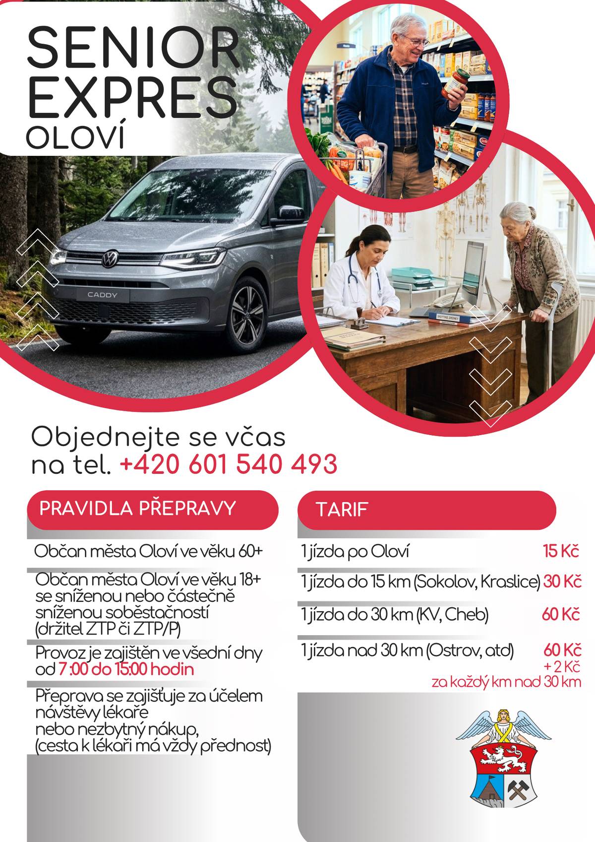 Vážení spoluobčané, i nadále pro Vás s radostí zajišťujeme oblíbenou službu Senior Expres, která Vám pomáhá s dopravou k lékaři, na úřady nebo na nákupy. Velmi nás těší Váš velký zájem. Níže naleznete tyto informace:   Aktuální ceník a pravidla provozu (včetně informací o cenách jízd a podmínkách objednávání).   Oznámení o plánované dovolené, během které bude provoz služby krátkodobě přerušen. Prosíme, abyste s tímto termínem počítali při plánování svých lékařských vyšetření a nákupů.   V případě jakýchkoliv dotazů nebo pro objednání jízd se na nás můžete obrátit v obvyklých provozních hodinách. Přejeme Vám pevné zdraví a klidné dny. Vedení města Oloví