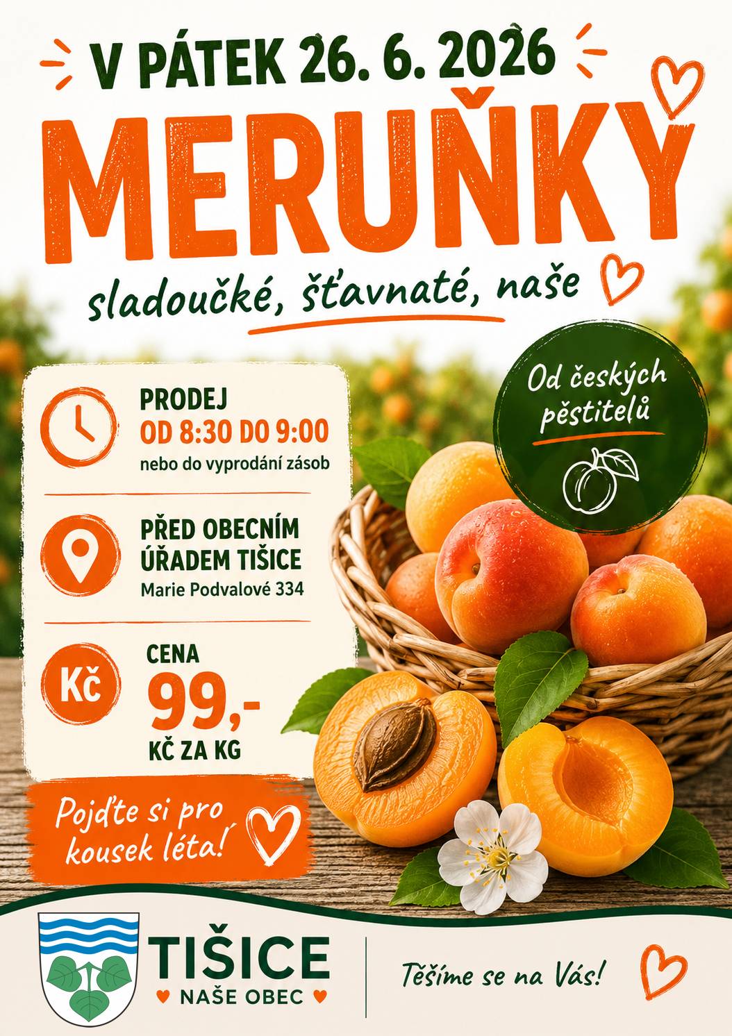 🍑 V pátek 26. června přijede před obecní úřad prodejce s čerstvými meruňkami od českých pěstitelů. 🕣 Prodej bude od 8:30 do 9:00. 💰 Cena: 99,- Kč za kilogram. Meruňky jsou skvělé na mlsání, koláče, knedlíky, marmelády i kompoty. Pokud si chcete odnést domů kousek léta, zastavte se cestou kolem. ☀️ 📍 Před obecním úřadem Tišice, Marie Podvalové 334 Těšíme se na Vás. 😊🍑