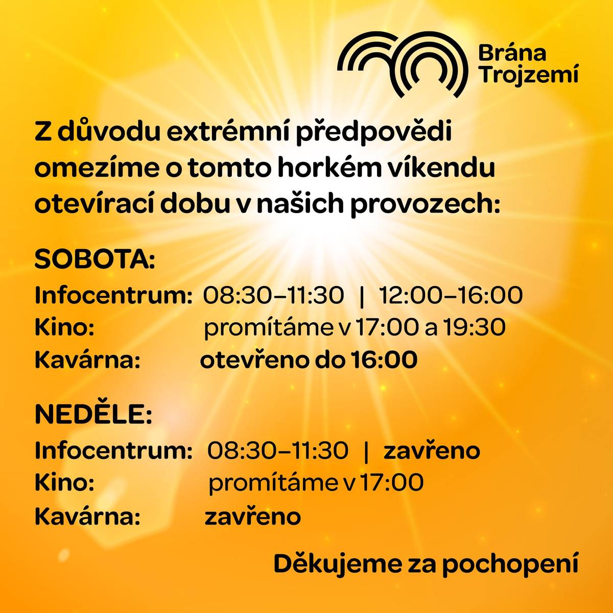 Dovolujeme si upozornit na omezení utevírací doby v našich provozech. Děkujeme za pochopení.